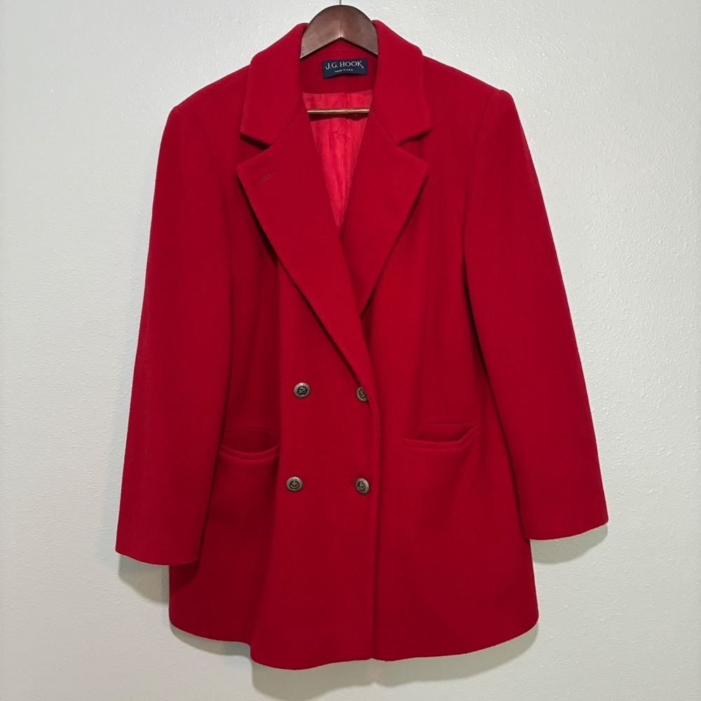 Vintage JG Hook Red Wool Double Breasted Coat ILGWU Made in USA Anchor Button